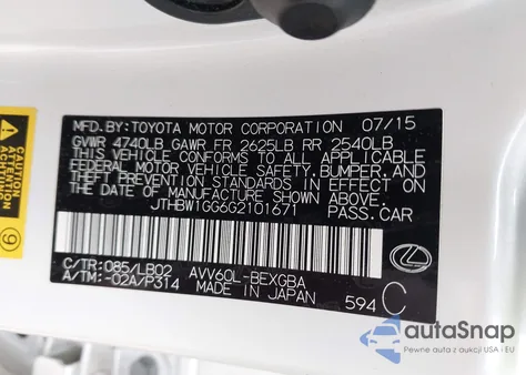 2016 Lexus Es 300H from USA, damaged, VIN JTHBW1GG6G2101671